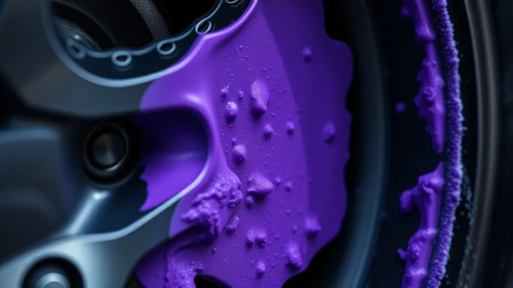 Detailed close-up of purple chemical reaction on a car rim d