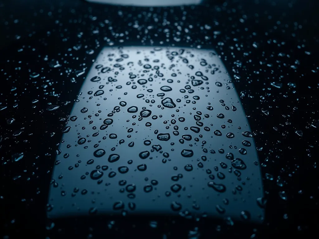 Close-up of a dark car hood with water beads perfectly formi