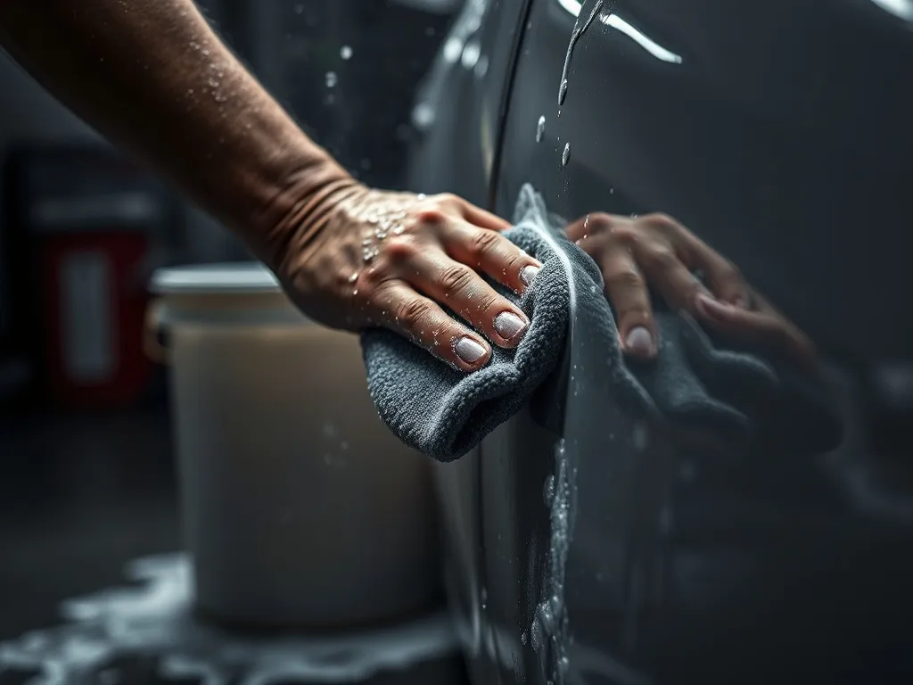 Professional car detailing wash process, two buckets method